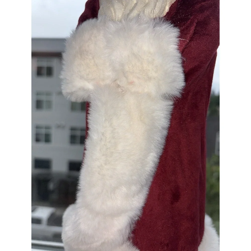 Freestanding Santa Claus Figurine Red Coat White Faux Fur Trim Fabric Decor